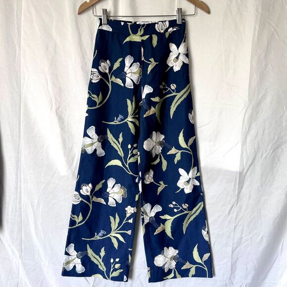 Coco Shop High-Waisted, Wide-Leg Pants in Navy Hibiscus 100% Cotton Size XS - Picture 2 of 13